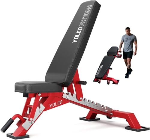 YOLEO Adjustable Weight Bench with Bench Press Stand, Foldable Workout Bench with Extended Head/Elbow Pad(for Users up to 7') - color: Red2
