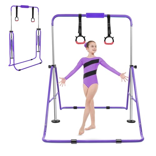 YEEGO DIRECT Gymnastics Bar for Girls Boys (A-G-E-S 3-10) with Rings, Folding Gymnastics Bars Horizontal Bar, Expandable for Home Training Gifts for Girls Boys - color: Purple