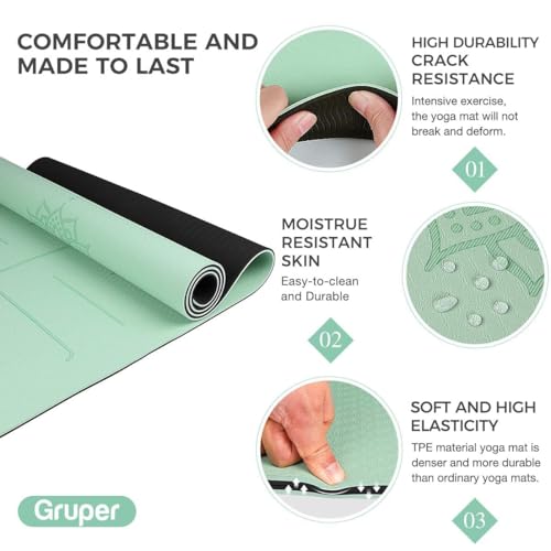 Gruper Yoga Mat Non Slip TPE Extra Wide Yoga Mat with Alignment Mark, 72"L x 32"W x 0.32"/0.24"Th (183cm x 80cm x 8mm/6mm), Anti-Tear Exercise Mat with Carrying Strap and Bag, Workout Mats for Yoga, Pilates - color: Green Black, size: 0.32*32*72 Inches