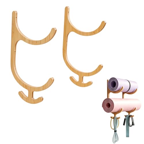 Wooden Yoga Mat Holder Wall Mount with 4 Hooks | Yoga Mat Storage Rack for Home Gym, Resistance Band and Jump Rope Organizer for Foam Roller, Fitness Equipment Storage