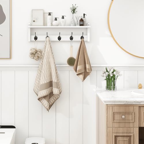 Homode Coat Rack with Shelf Wall Mount, 24 Inch Long Wall Shelf with Hooks Underneath, Wood Hanging Coat Hanger with Hat Shelves for Entryway, Bathroom, Mudroom, White - color: White, size: 24 Inch Long
