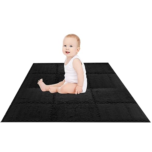 12 pcs Thickened Plush Foam Interlocking Floor Mats, Interlocking Foam Tiles with Edgings for Kids, Soft Anti-Slip Puzzle Area Square Rug Playmat for Children Room Flat (11.8", Black) - color: Black