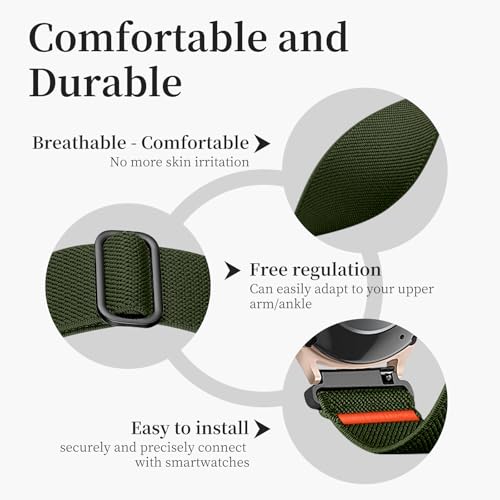 20mm Nylon Sport Ankle/Arm Band Compatibel with Galaxy Watch 7/6/5/4/FE 44mm 40mm/Watch 5 Pro/ 6 Classic 47mm 43mm/ 4 Classic Strap,Elastic Oberarmband Bicep Band for Women Men - color: Military Green
