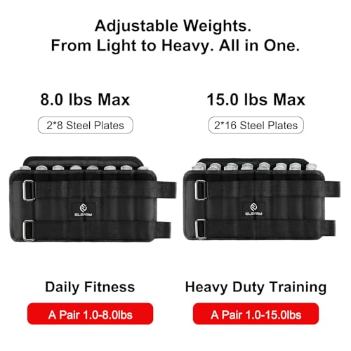 ELEAMY Adjustable Ankle Weights for Women & Men - 1-8/15lb Pair - Black | Removable steel plates & adjustable weight, comfortable & tear resistant. For walking, running, yoga, gym. 1 pair