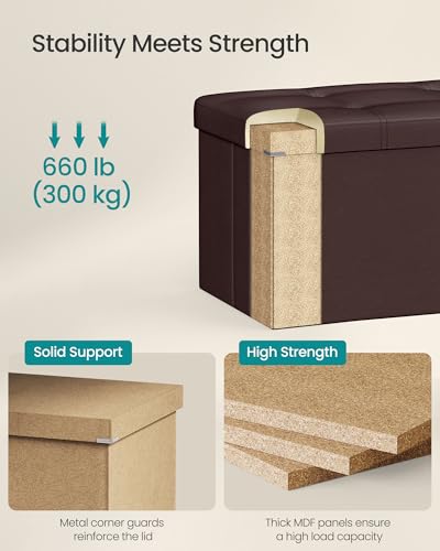 SONGMICS MAZIE Collection - 43 Inches Folding Storage Ottoman Bench, Ottoman with Storage, Foot Rest Stool, Load 660 lb, for Living Room, Synthetic Leather, Brown ULSF703 - color: Brown, size: 15"D x 43"W x 15"H