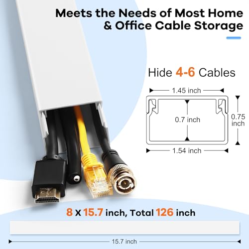 Cord Hider Kit 126in (8 x L15.7in) - ZhiYo Cable Covers for Wires on Wall, Wire Hider for Wall Mounted TV, White Cable Raceway, Paintable Cord Cover Cable Management for Home Office, W1.54in x H0.75in - color: White, size: W1.54in X H0.75in X L126in