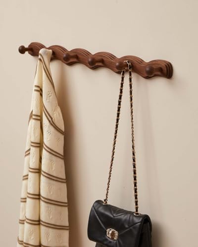 Wood Coat Rack Wall Mount - Walnut Coats Hook Hanger Wall-Mounted, Wave-Shaped Entryway Hanging Racks with 6 Hooks for Jacket Keys Hats Robes Towels Bags, Living Room Mudroom Bathroom Bedroom Hallway - size: 6 Hooks