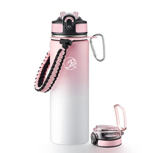 GOSWAG 24oz Insulated Stainless Steel Travel Water Bottle, 2 Lids | with straw and no straw, Paracord handle, Double-wall vacuum keeps drinks cold or hot, Leakproof tumbler - color: Pink-White Ombré