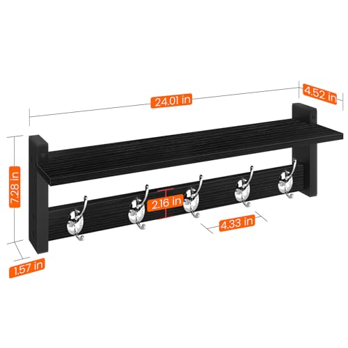 Homode Coat Rack Wall Mount with Shelf, 24" Long Entryway Shelf with Hooks Underneath, Wooden Coat Hanger for Hanging Hats, Bathroom Towels, Clothes, Black - color: Black, size: 24 Inch Long