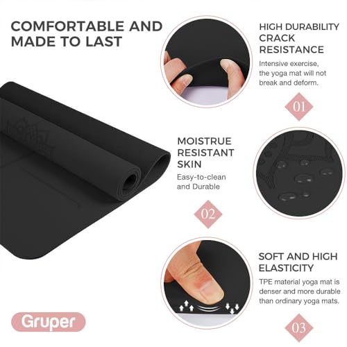 Gruper Yoga Mat Non Slip TPE Extra Wide Yoga Mat with Alignment Mark, 72"L x 32"W x 0.32"/0.24"Th (183cm x 80cm x 8mm/6mm), Anti-Tear Exercise Mat with Carrying Strap and Bag, Workout Mats for Yoga, Pilates - color: Black, size: 0.32*32*72 Inches