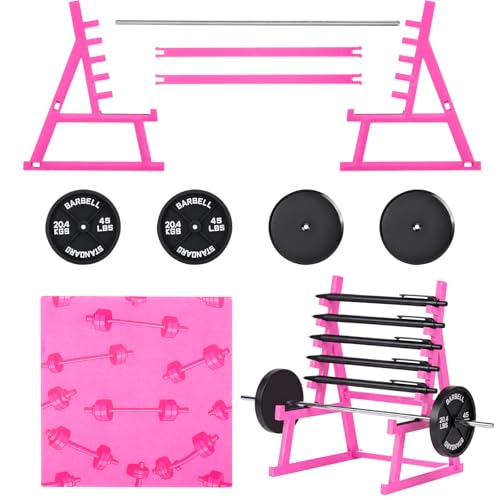 Gerrii Barbell Rack Pen Holder Squat Rack Pen Holder Hot Pink Mini Gym Design Fun Desk Decor with Weights & Barbells, Gift Cards for Gym Lovers Weightlifting Fans Trainers Office Decor