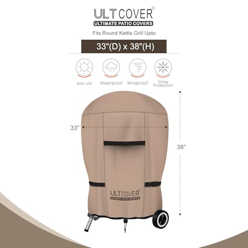 ULTCOVER Outdoor Waterproof Charcoal Kettle Grill Cover for Most 26 inch Round Smoker Size Up to 33” Dia x 38” H - color: Brown-Round, size: 33” Dia x 38” H