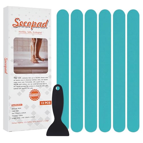 Secopad Original Anti-Slip Shower Stickers for Bathtub & Shower Floor, Strong Adhesive Safety Strips with Scraper Ideal for Families with Kids, Adults & Seniors, 12 PCS (Blue) - color: Blue