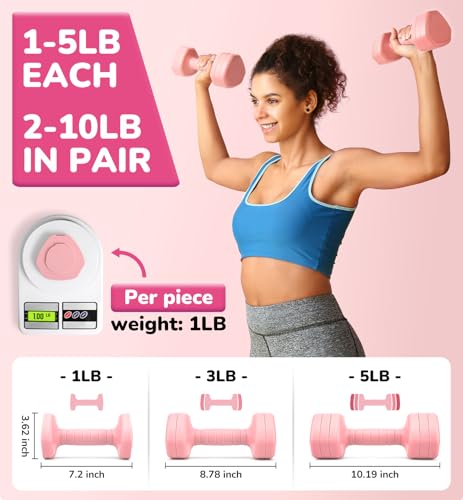 Adjustable Dumbbell Set of 2, 10LB 20LB 30LB Weight Set | Hand Weights for Women Men, Dumbbells for Home Gym Outdoor Exercise & Muscle Toning Weight Loss Rehab Strength Training - color: Pink, style: 10 lb, Pair-Rubber Handle