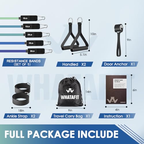 WHATAFIT Resistance Bands, Exercise Bands with Handles, Workout Bands for Working Out, Fitness Bands Set for Home Gym Full Body Strength Training, Muscle Tone, Yoga & Stretching - color: 10-100LB-Blue