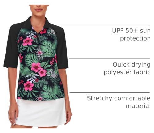Cucuchy Womens Golf Shirt Half Sleeve Quarter Zip Polo Tennis Shirts Workout Tops - color: A-floral Red, size: X-Large