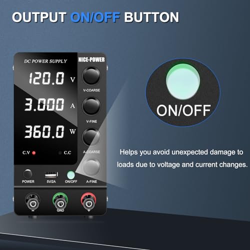 NICE-POWER DC Power Supply Variable 120V 3A, Adjustable Switching Regulated DC Bench Power Supply with Output Switch High Precision 4-Digit LED Display, Benchtop Lab Power Supplies with 5V/2A USB Port - size: 120V 3A