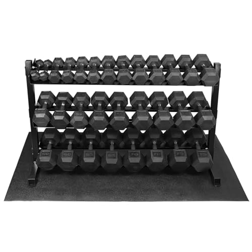 WF Athletic Supply Rubber Encased Hex Dumbbells with Rubber Grip Contoured Handle for Muscle Toning, Strength Building & Full Body Workout - color: z. 1200LB (5LB - 75LB) Dumbbell Set w/ 3-Tier Rack and Mat
