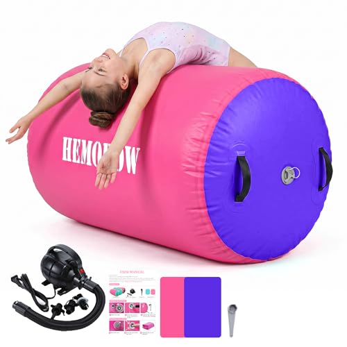 Inflatable Gymnastics Air Barrel Roller with Electric Pump, Heavy Duty PVC Tumbling Barrel Back Handspring Trainer, Air Tumble Track Mat for Home Gym, Cheerleading, Yoga Practice - color: Pink & Purple, size: 3.3'L x 2.6'D