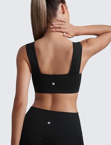 CRZ YOGA Butterluxe Wide Strap Sports Bras | Light Support, Removable Pads, Yoga, Extremely Soft, Square Neck, Front Split Line, for Women - color: Black, size: XX-Small