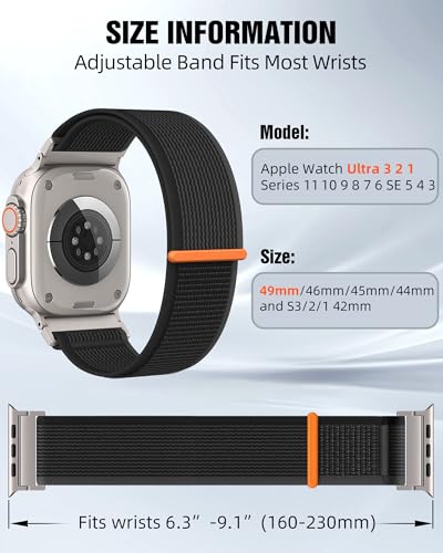 Trail Loop Nylon Sport Band Compatible with Apple Watch Ultra 3 2 Band for Men 49mm 46mm 45mm 44mm 42mm, Rugged Breathable Sport Adjustable Strap for iwatch bands Series 11/10/9/8/7/6/5/4, SE 3 2 1 - color: Black+Gray(Silver)