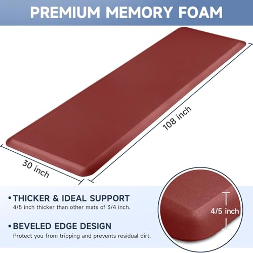 4/5 Inch Thick Kitchen Mats for Floor, StepRite Kitchen Rug for Standing Desk, Non-Slip, Thicker, Stain & Water Resistant, Comfort Anti Fatigue Floor Mat for Home, Kitchen, Office - Red,108 * 30'' - color: Red, size: 108"L x 30"W x 0.8"Th