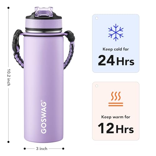 GOSWAG 24oz Insulated Stainless Steel Travel Water Bottle, 2 Lids | with straw and no straw, Paracord handle, Double-wall vacuum keeps drinks cold or hot, Leakproof tumbler - color: Matte Lilac