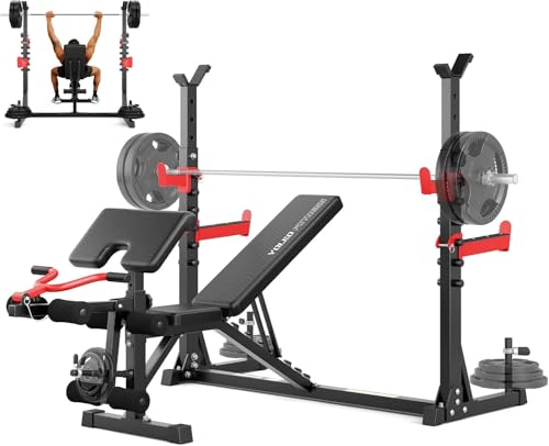 YOLEO Olympic Weight Bench Set with Rack, 1980LBS Capacity Bench Press Rack System, 47.44" Wide-Grip Bench, Leg Extension & Preacher Curl, Adjustable Incline Decline Weight Bench for Home Gym