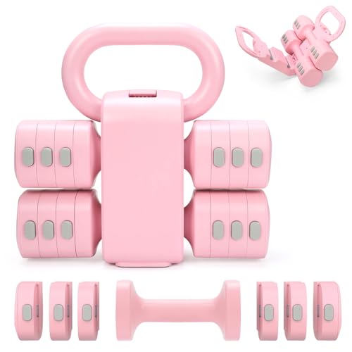 Adjustable 2-in-1 Convertible Kettlebell & Dumbbells Set, 4 in 1 Free Weights Dumbbell Set of 2, Each 2.2 3.3 4.4 5.5lb Quick Change Women Dumbbell Set for Home Exercise Training - color: Pink