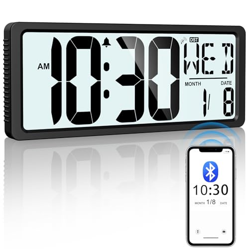 Backlight Digital Wall Clock Battery Operated with Bluetooth Time Sync/No Setup Required, 15'' Large Digital Wall Clock with Day, Date & Temperature, Large Digital Clock for Bedroom, Office - color: Black