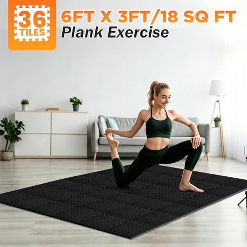 18 Tiles EVA Puzzle Exercise Floor Mats Set, Interlocking Foam Gym Tiles | 12.6"x12.6"x0.4", Water-Resistant Flooring for Home Gym, Workout Equipment, Kids' Play Areas, Garage Playroom - Black