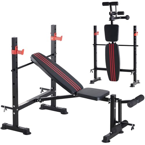 OLIXIS Adjustable Weight Bench Set with Rack, 650 LBS Foldable Bench Press | Heavy-Duty Easy Assembly Strength Training Workout Set with Leg Extension Curl, for Garage, Home, Gym - Black & Red