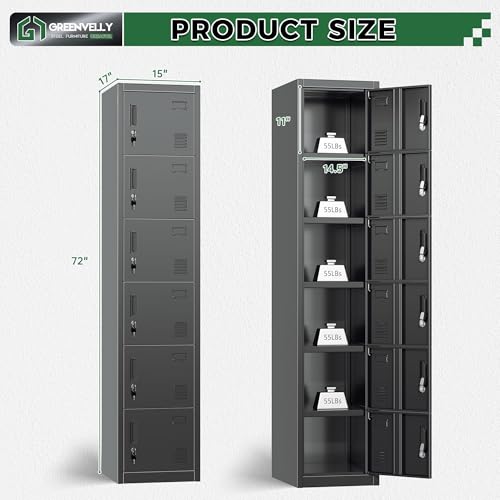 Greenvelly 72" Locker, Metal Lockers for Employees with 6 Doors and Keys, 6-Tiers Black Lockable Steel Storage Locker for Gym,School,Office,Sports,Card Slots,Vents - color: Black, size: 6 Doors