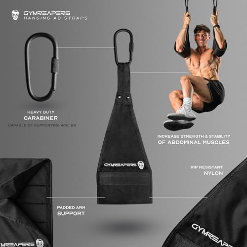 Gymreapers Hanging Ab Straps for Pull-Up Bar - Hang Bar Assist Strap & Strength Workout Equipment, Padded Adjustable Arm Supports with 2 Steel Carabiners for Leg Raises, Abdominal & Core Training - color: Black