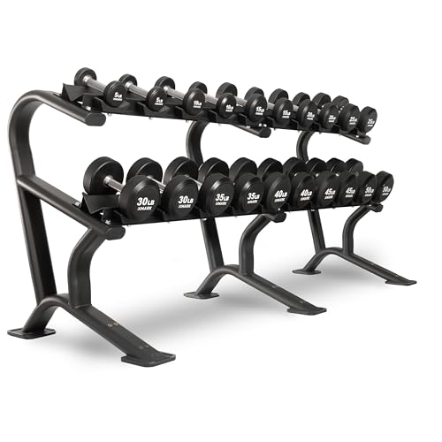 XMARK Dumbbell Weights Sets, 5-50lb and 5-75lb Dumbbell Sets, No Odor, Urethane Dumbbells, Commercial Gym and Home Gym Equipment - color: 02) 5-50lb Round & Modern Rack