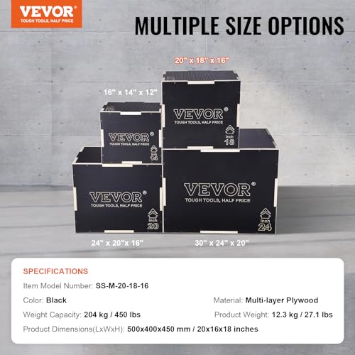 VEVOR 3 in 1 Plyometric Jump Box, Easy-to-Assemble Wood Plyo Box for Jumping Trainers, Home Gym Training and Conditioning - style: 20" x 18" x 16"