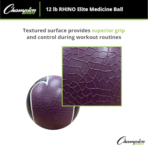 Champion Sports Rhino Elite Medicine Ball – Textured Surface, Superior Grip, Hollow Synthetic Rubber for Consistent Bounce & Durability, Multiple Weights & Colors - Optional Rebounder Sold Separately - style: 12 Pounds - Purple