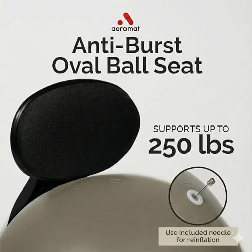 Aeromat Elite Yoga Ball Chair Active Sitting & Adjustable Height 250lbs Cap | Lockable Wheels, Ergonomic Desk Chair, Anti-Burst Removable Ball. Posture Strengthening, & Core Relief, for Office & Home Use - color: Grey