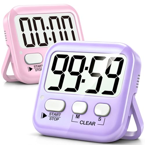Antonki 2 Pack Digital Timer for Kids, Magnetic Countdown Kitchen Timers for Cooking, Egg, Classroom, Teacher, Exercise, Study, Oven - Battery Included - color: 2 * Pink + Purple