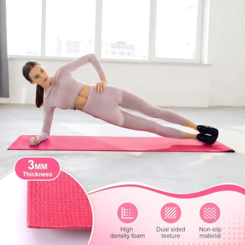 Funtery 3 mm Thin Yoga Mats Bulk, 68 x 24 Inches Lightweight PVC Exercise Mats Non Slip Workout Fitness Pads for Yoga Pilates Stretching Classes Gym Home Studio - color: Pink Series Color