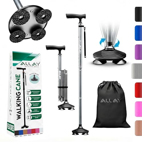 Allay Walking Canes for Men & Women - Adjustable Canes for Women for Stability, Self Standing Wide Quad Pivot Base, Light Weight, Soft Handle Grip and Travel Bag, Walking Sticks for Seniors - color: Silver