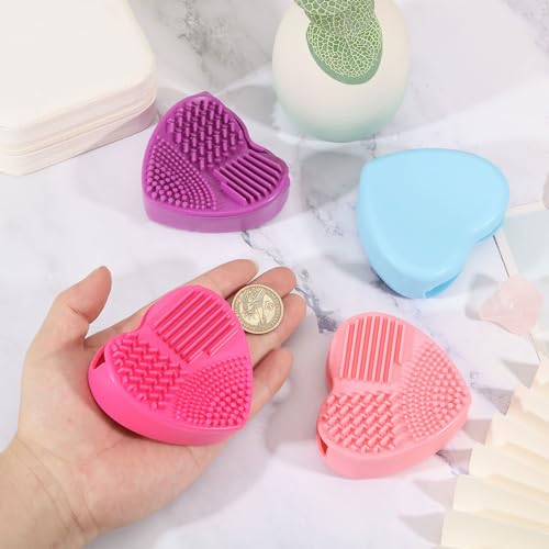 FREEBLOSS 4PCS Quilter Mat Cleaning Pad Heart Shaped Makeup Brush Cleaning Pad for Brushes, Silicone Cleaner Pads Rose Pink, Blue, Pink, Purple 3.2" x 3" x 1"