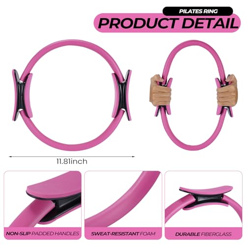 Seenelling 18 Pcs Pilates Ring and Ball Set with Resistance Bands Home Workout Pilates Equipment 11.8 Inch Magic Circle with Padded Handles, Mini Ball for Strength, Toning and Flexibility - color: Pink