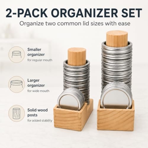 Mason Jar Lid Organizer, 2 Pack Wood Holder for Regular & Wide Mouth | Solid Pine Wood, 2-Pack Set, Regular & Wide Mouth, Holds 26 Rings & 44 Lids, Space-Saving Storage