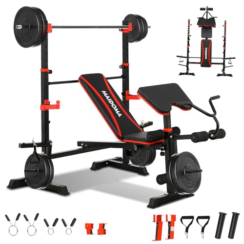 MAIDOMA Foldable 1500LBS Capacity 8 IN 1 Weight Bench Set with Leg Extension/Squat Rack/Preacher Curl, Adjustable Bench Press for Home Gym Full Body Workout (US Stock) - color: Black Red