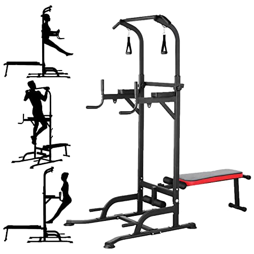 TLSUNNY Power Tower with Bench, Pull Up Bar Dip Station, Power Tower Dip Station, Training Workout Equipment, Height Adjustable Pull Up Tower w/Folding Bench 4 Ropes, Strength Training, Home Gym