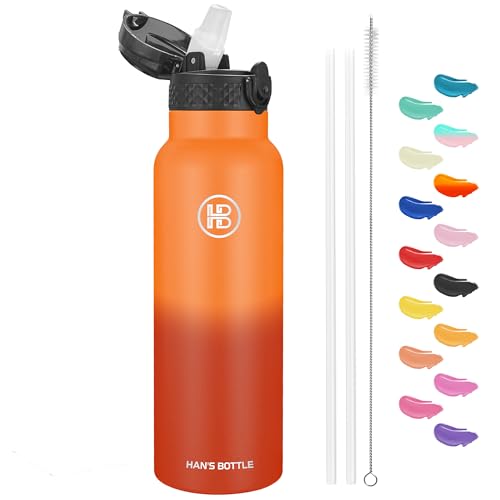 Han's Bottle Sports Water Bottle - 24 Oz, Straw Lid, Leak Proof, Vacuum Insulated Stainless Steel, Double Walled, Thermo Mug,Fire - color: Fire, size: 24 Ounces