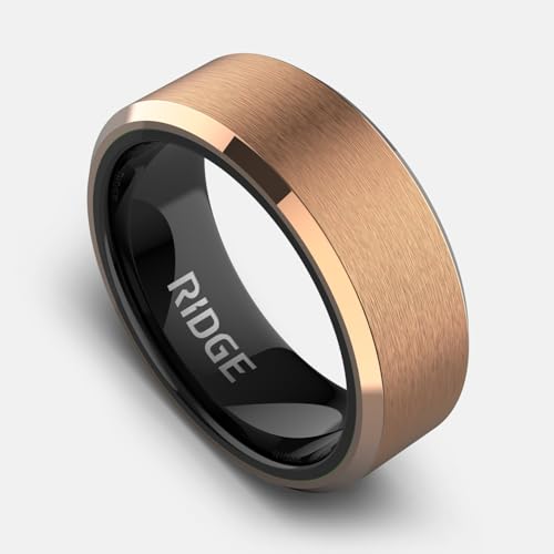 The Ridge Tungsten Rings For Men - Mens Wedding Band - Strong, Durable, and Scratch-Resistant Beveled Ring With Silicone Band - color: 18K Rose Gold