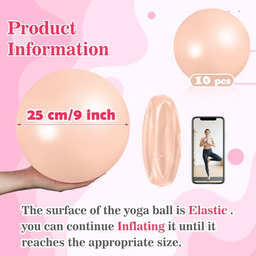 Aoriher 10 Pack 9 Inch Small Pilates Ball Bulk Mini Exercise Ball Portable Non-Slip Workout Yoga Balls with Air Pump for Stability, Barre, Fitness, Balance, Physical &Core, Gym Home Office Use - color: Champagne