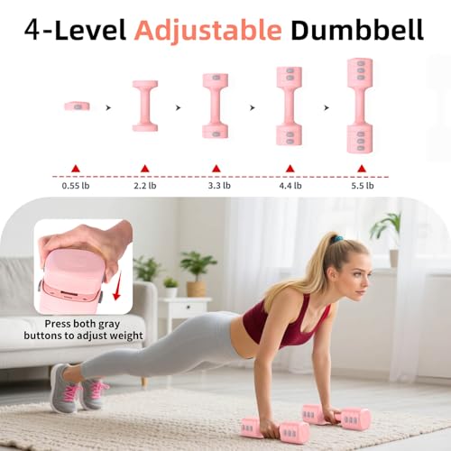 2-in-1 Adjustable Dumbbell Set, 4-Level Weights for Women | Convertible Dumbbell & Kettlebell, Adjustable 2.2-5.5lb Each, Quick-Change Button, Compact for Home Gym, Office & Outdoor - color: Pink